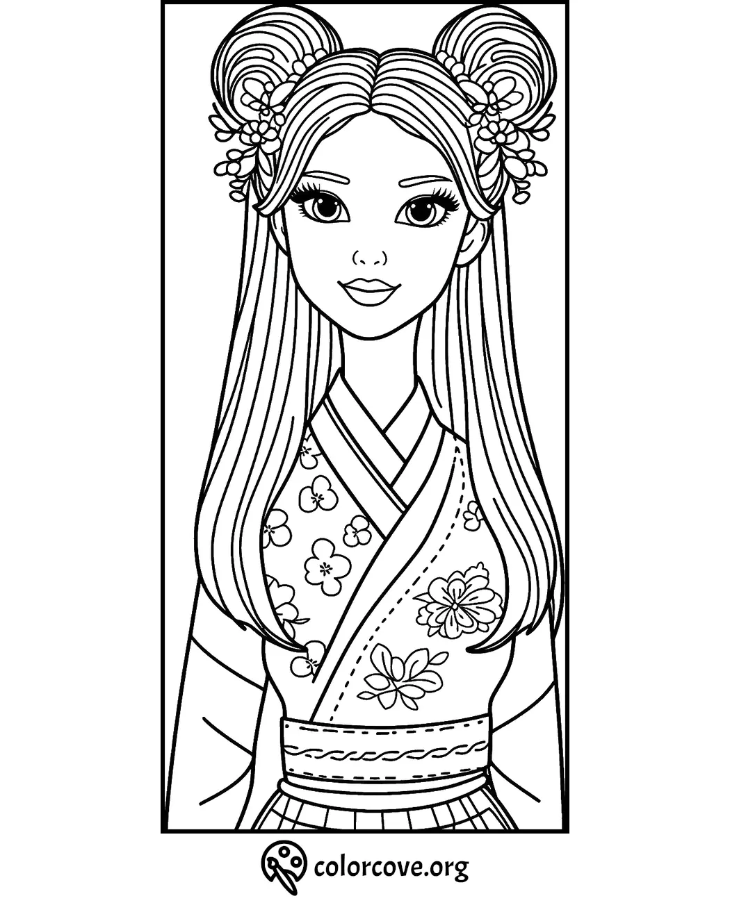 Girl in traditional Japanese kimono coloring page with floral patterns, long hair, and hair buns decorated with flowers.