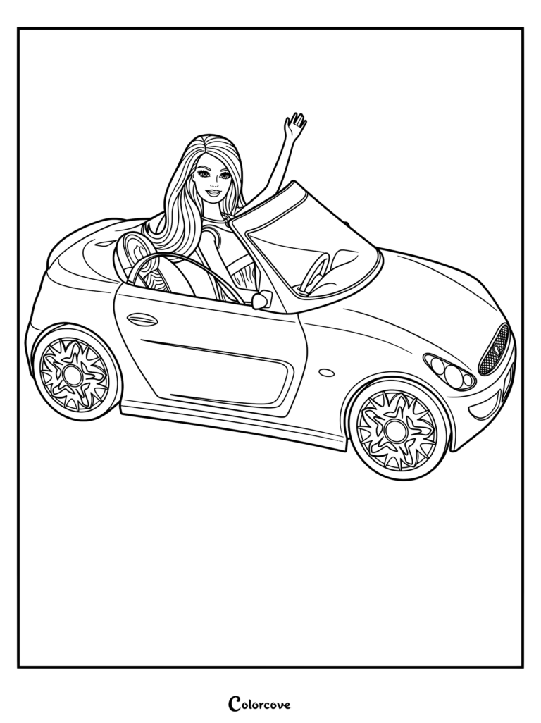 Barbie sitting in a Mattel Barbie Glam Convertible with zebra-print seats, waving her hand in this printable coloring page.