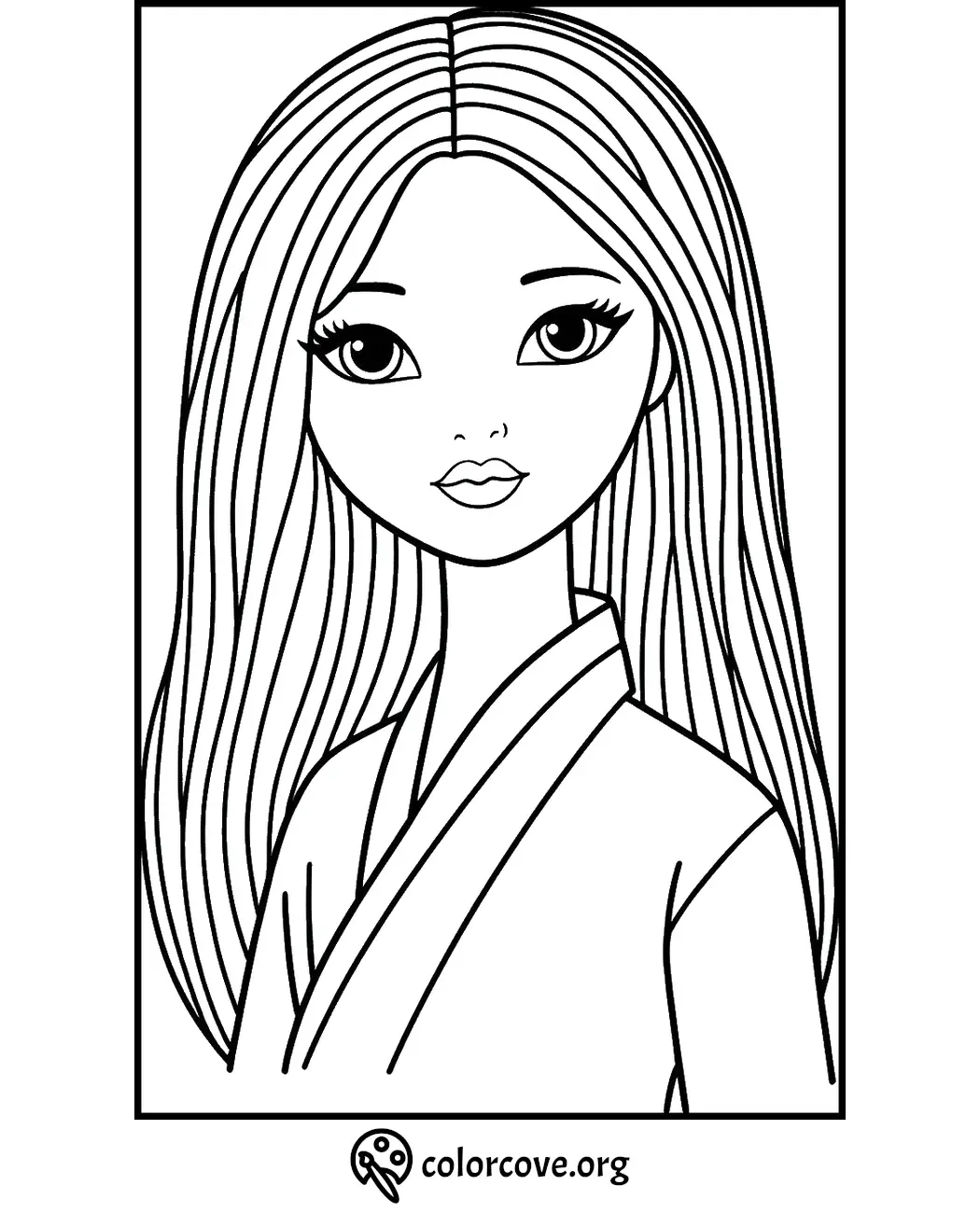 Coloring page featuring a young woman with long hair and a serene expression, created by colorcove.org.