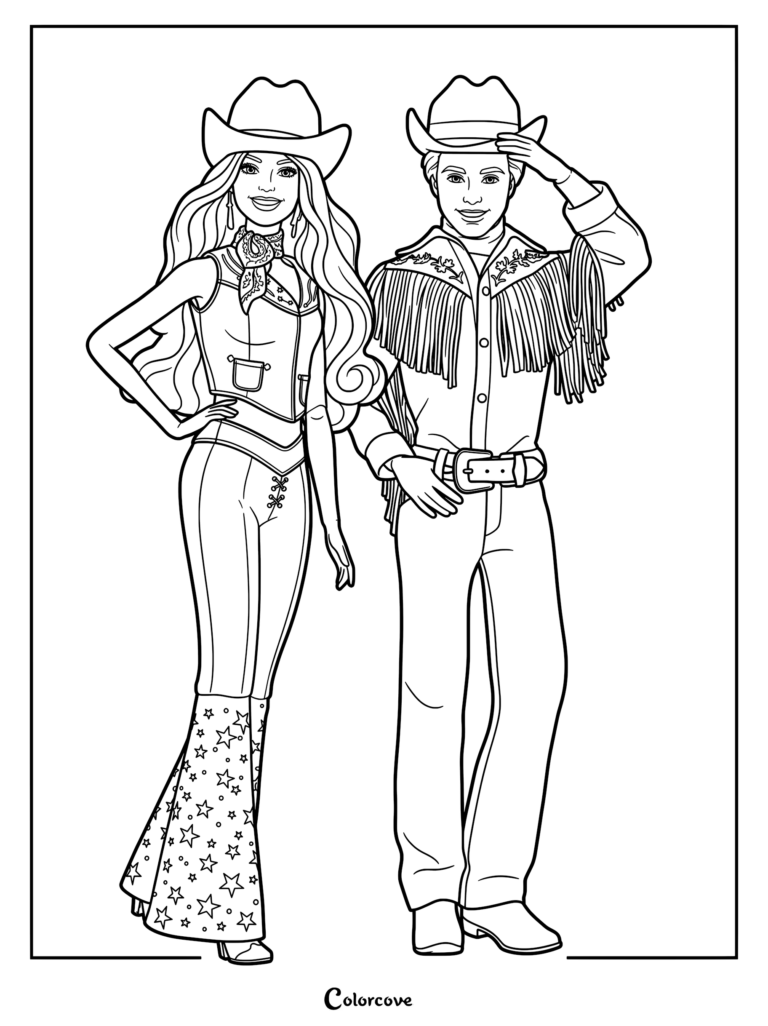Barbie and Ken in pink western outfits from the movie as a printable coloring page.