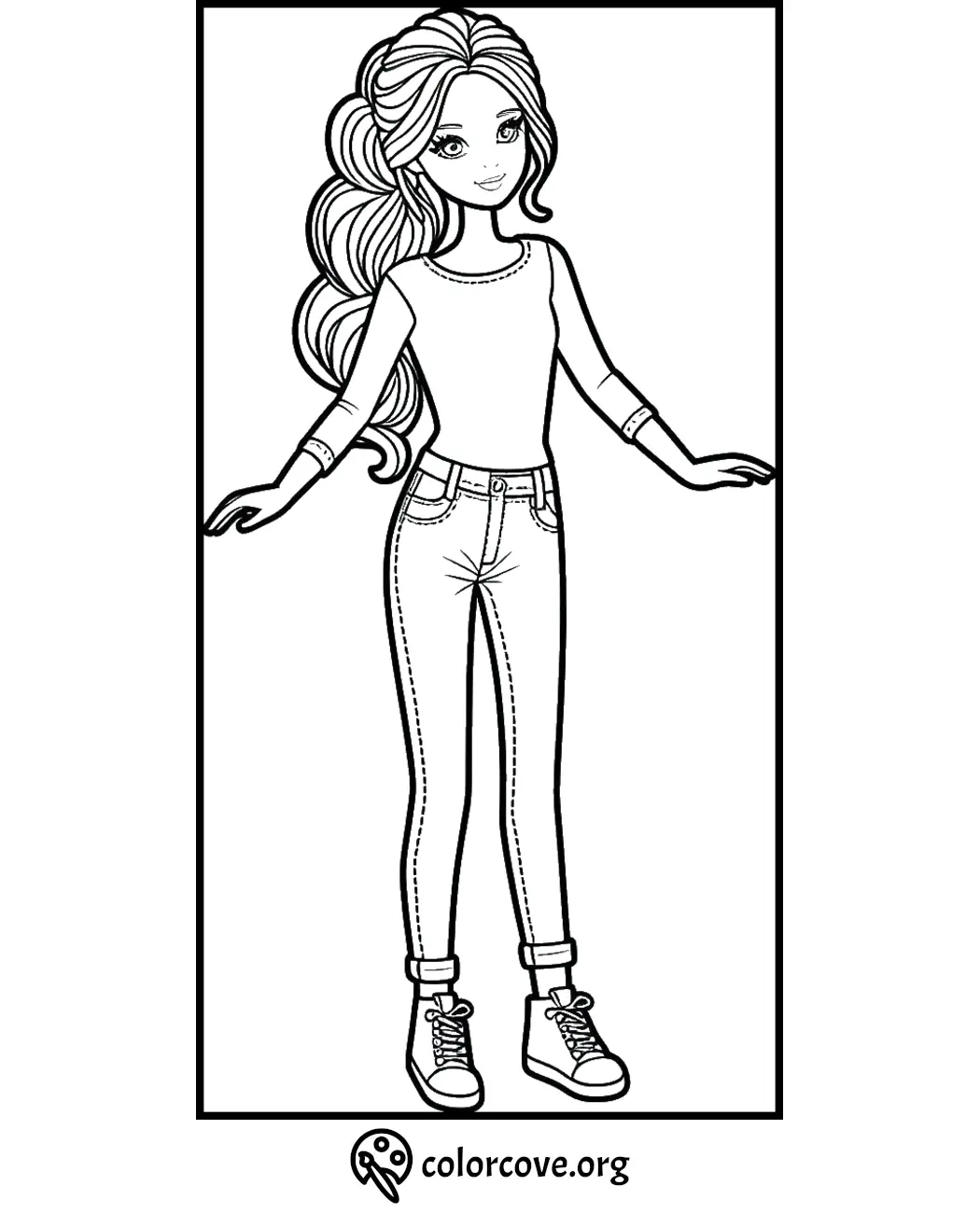 Coloring page of a stylish girl with long hair, wearing jeans and sneakers. Ideal for kids and fashion coloring fun.