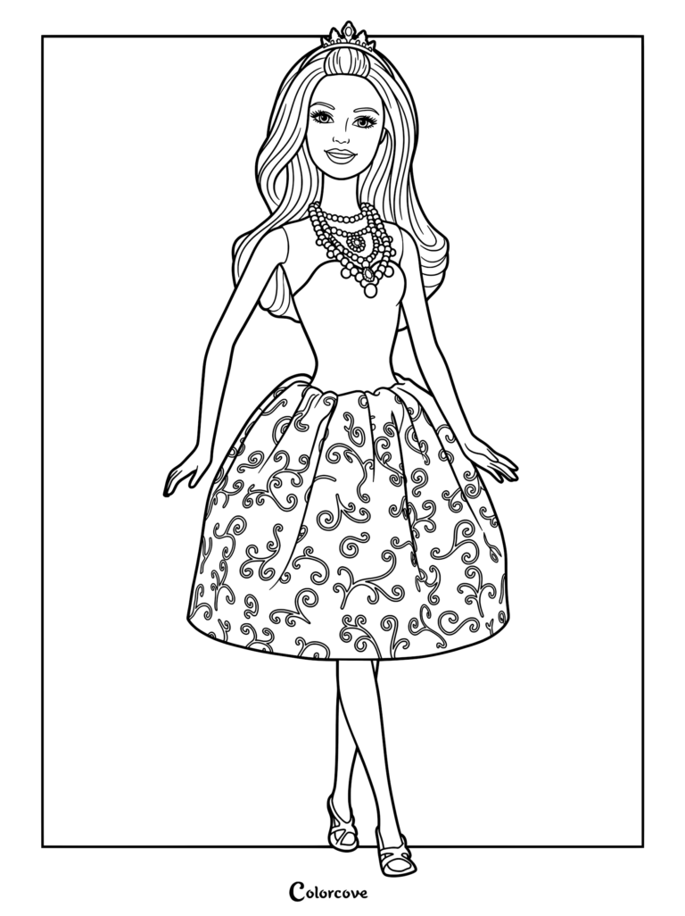 Barbie wearing a tiara and layered pearl necklace with a swirl pattern ballgown in this printable coloring page.