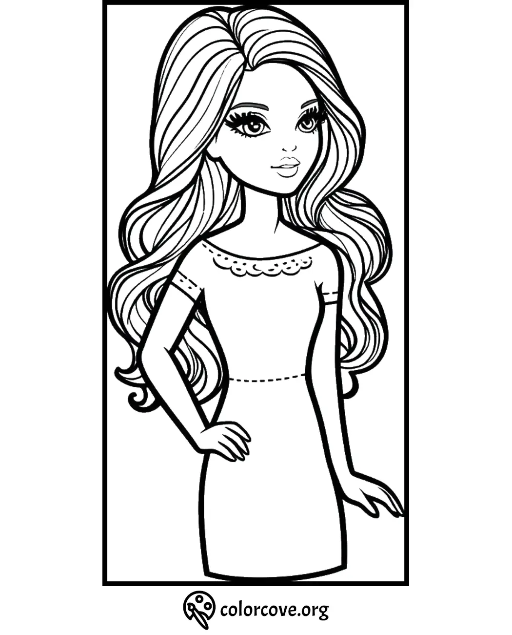 Printable Barbie coloring page featuring Barbie with long hair and a dress, perfect for kids. Download at colorcove.org.