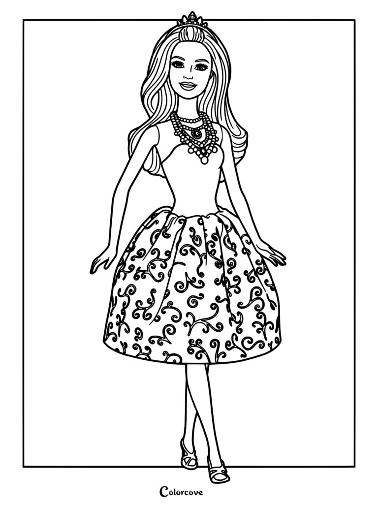 Barbie Modern Princess Teresa doll T3497 wearing a dress with silver swirls in this printable coloring page.