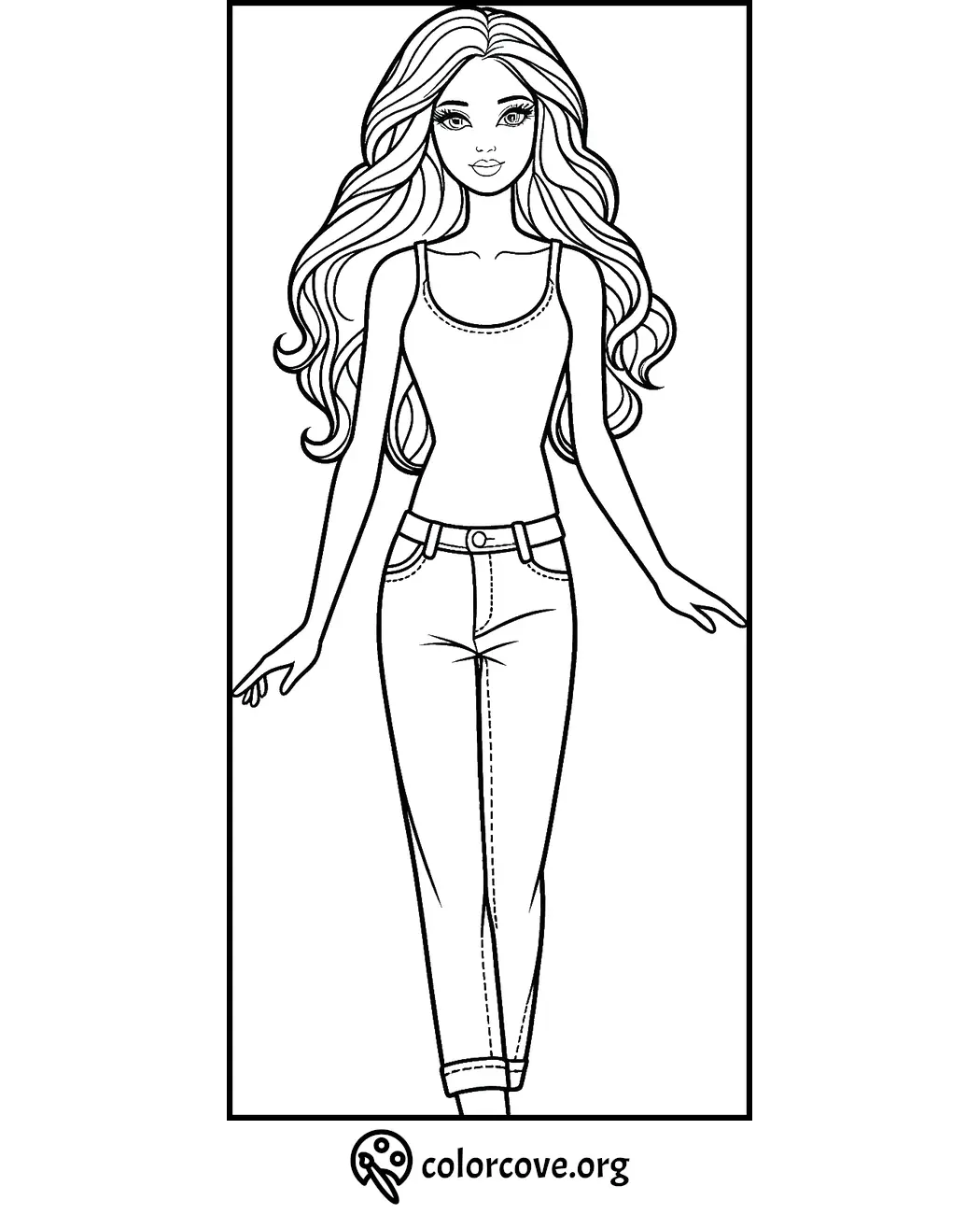 Coloring page of a stylish woman with long hair, wearing a tank top and jeans, from colorcove.org