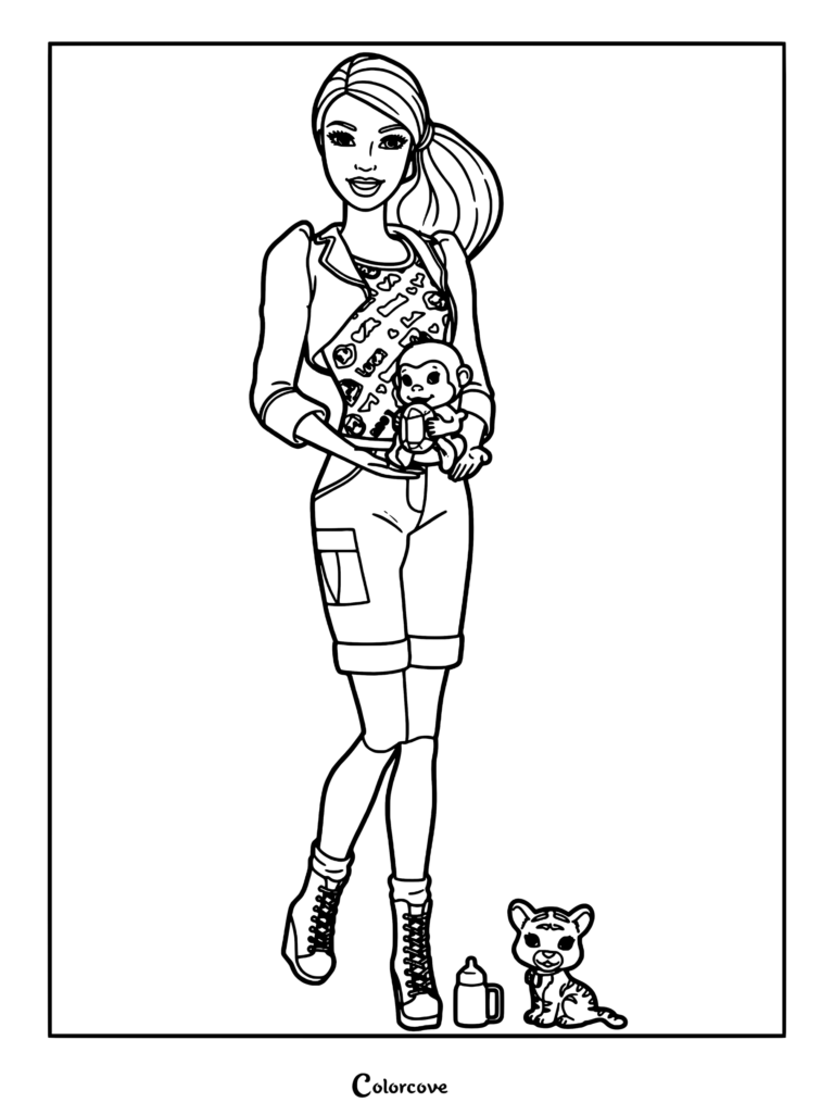 Barbie I Can Be Zoo Keeper Nikki doll wearing a pink cropped jacket and tan shorts in a printable coloring page format.