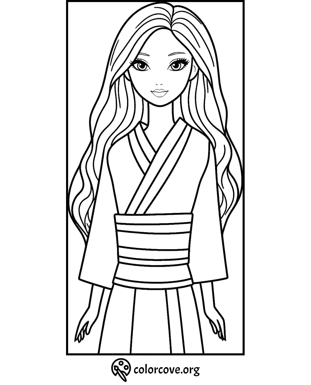 Coloring page of a young girl in traditional kimono, long hair, and serene expression. Perfect for kids to color and enjoy.