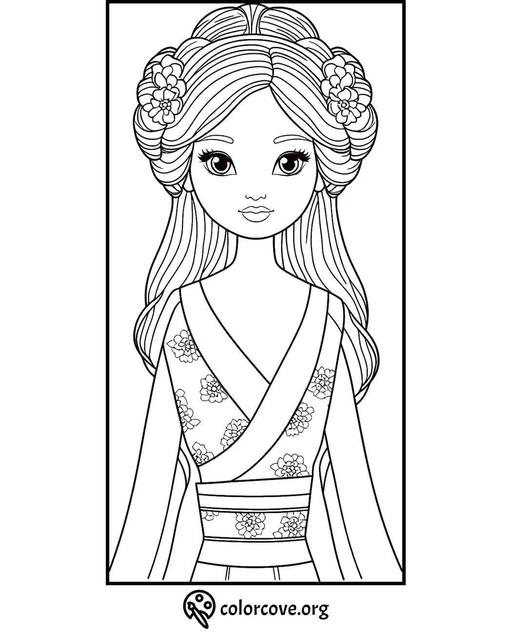 Coloring page of a girl with long hair and flowers in her hair, wearing a traditional floral dress from colorcove.org.