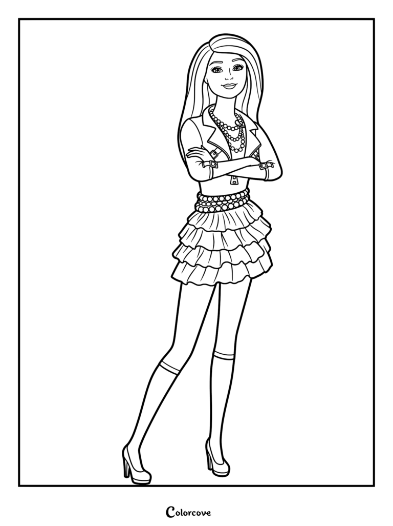 Raquelle from Barbie Life in the Dreamhouse coloring page featuring her signature black hair and detailed fashion doll outfit with a ruffled skirt.
