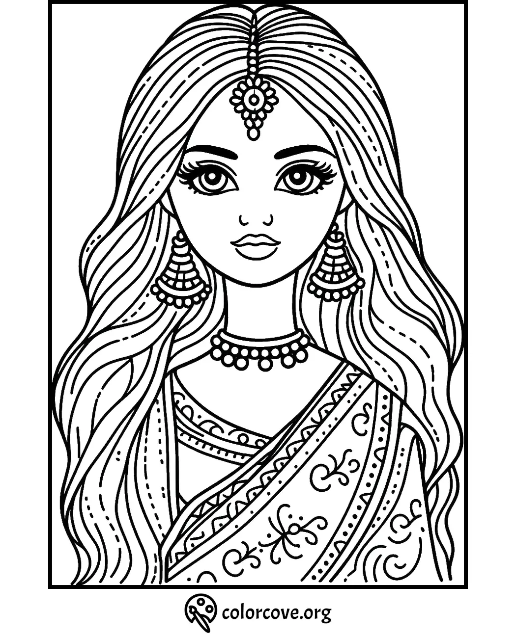 Coloring page of a woman wearing traditional jewelry and saree, designed for creativity and relaxation (colorcove.org).