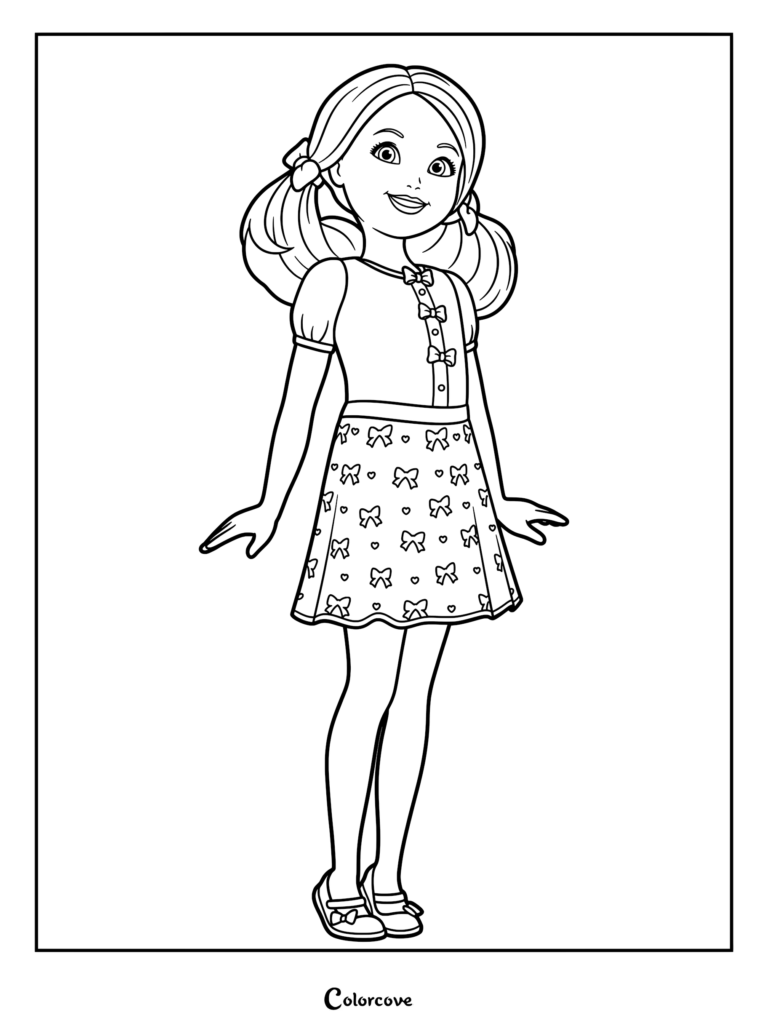 Chelsea Roberts from Barbie Life in the Dreamhouse wearing a pink dress patterned with bows, printable coloring page.