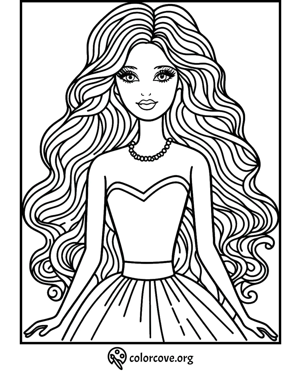 Princess coloring page with long wavy hair in a gown with necklace. Perfect for kids' creative activities.