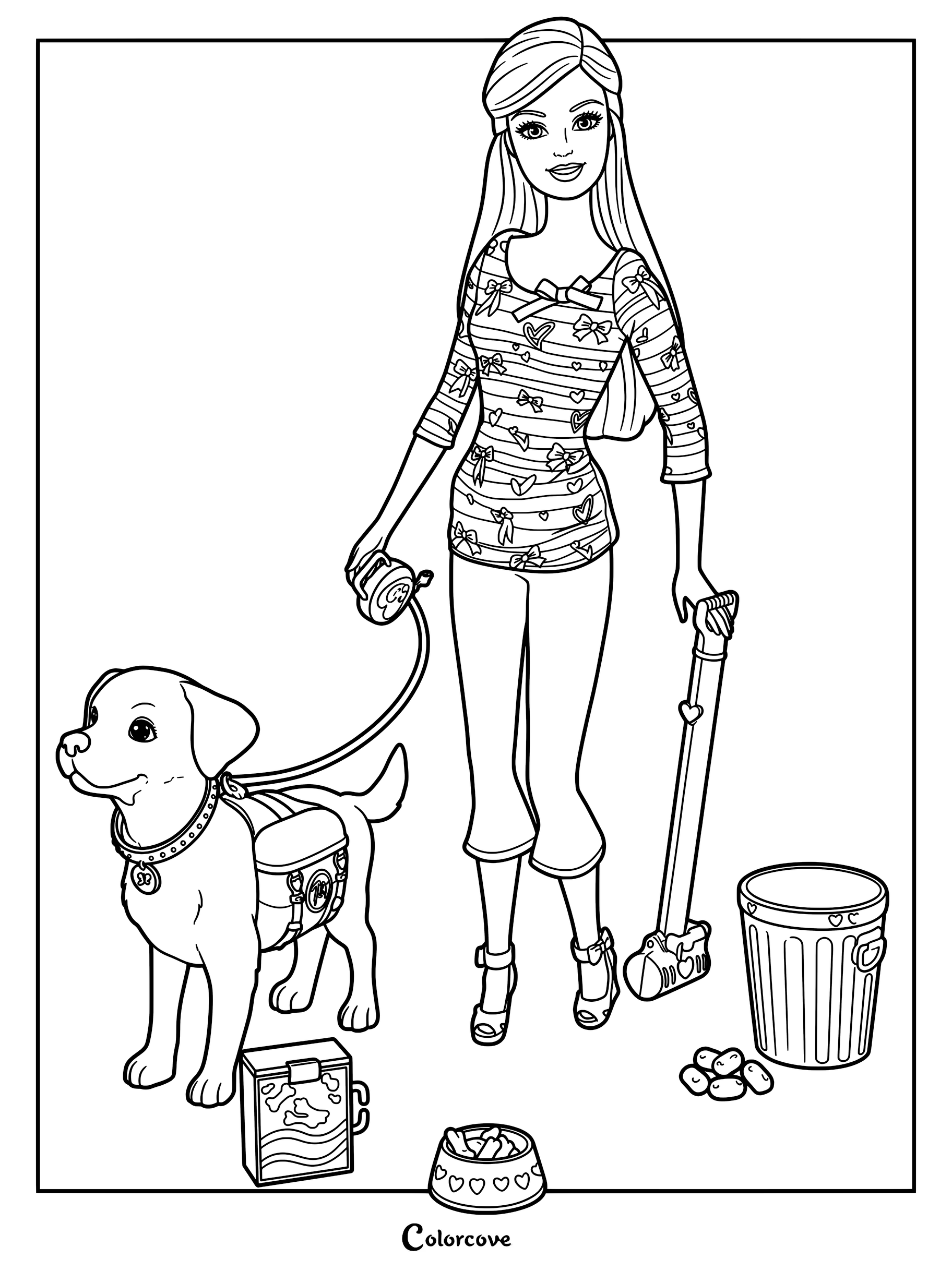 Barbie Potty Training Taffy coloring page featuring a blond Barbie doll in a striped top and pink cropped leggings walking her dog Taffy.