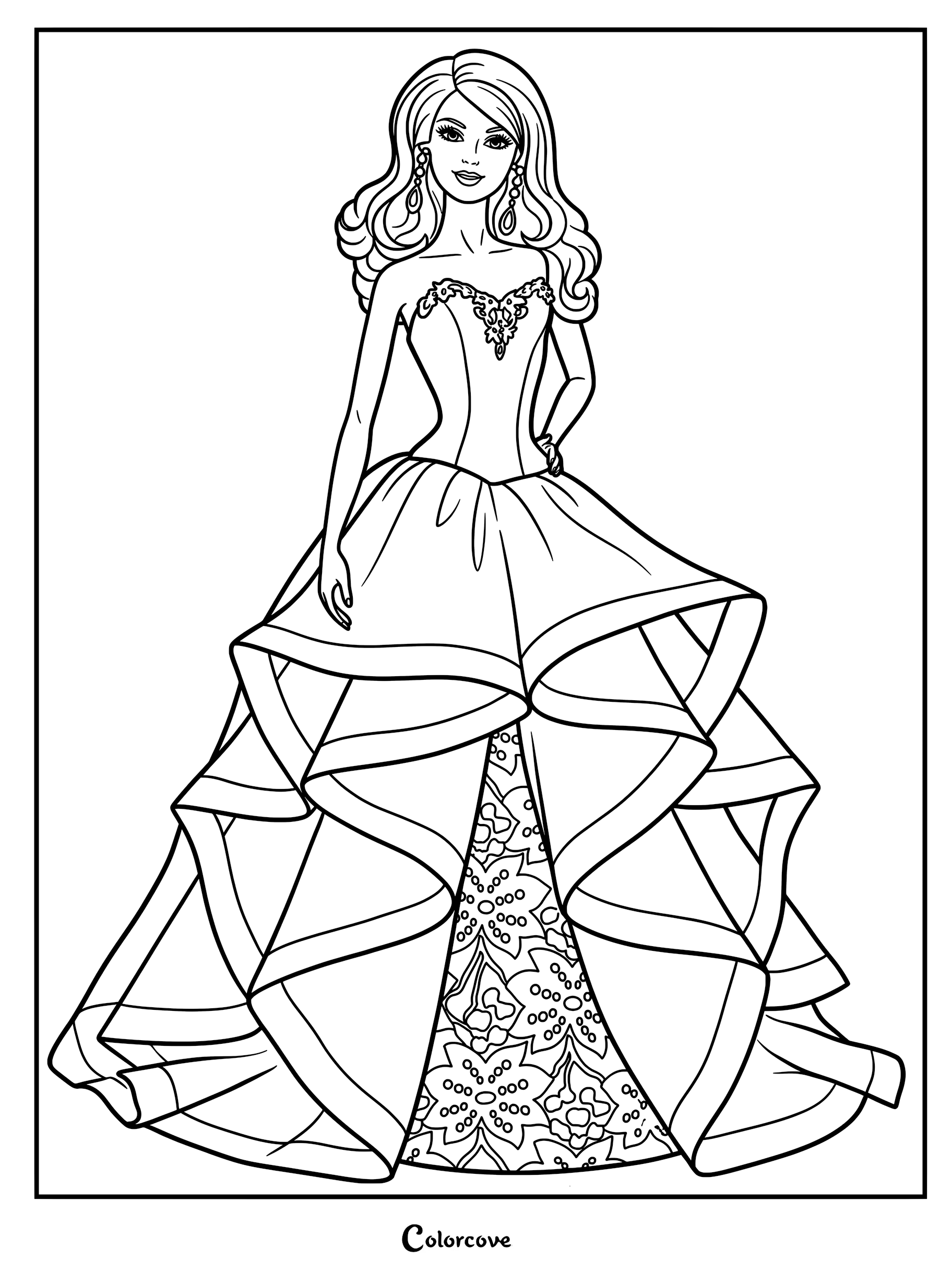 Barbie Princess Charm School Delancy Doll coloring page featuring a geometric bodice ball gown, tiara, and purple purse.