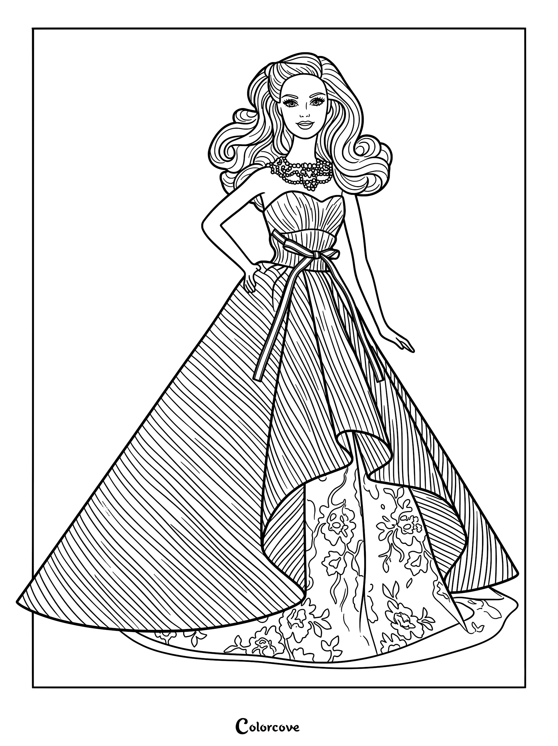 2014 Holiday Barbie doll wearing a sparkling red and gold gown, featured in a detailed printable coloring page.