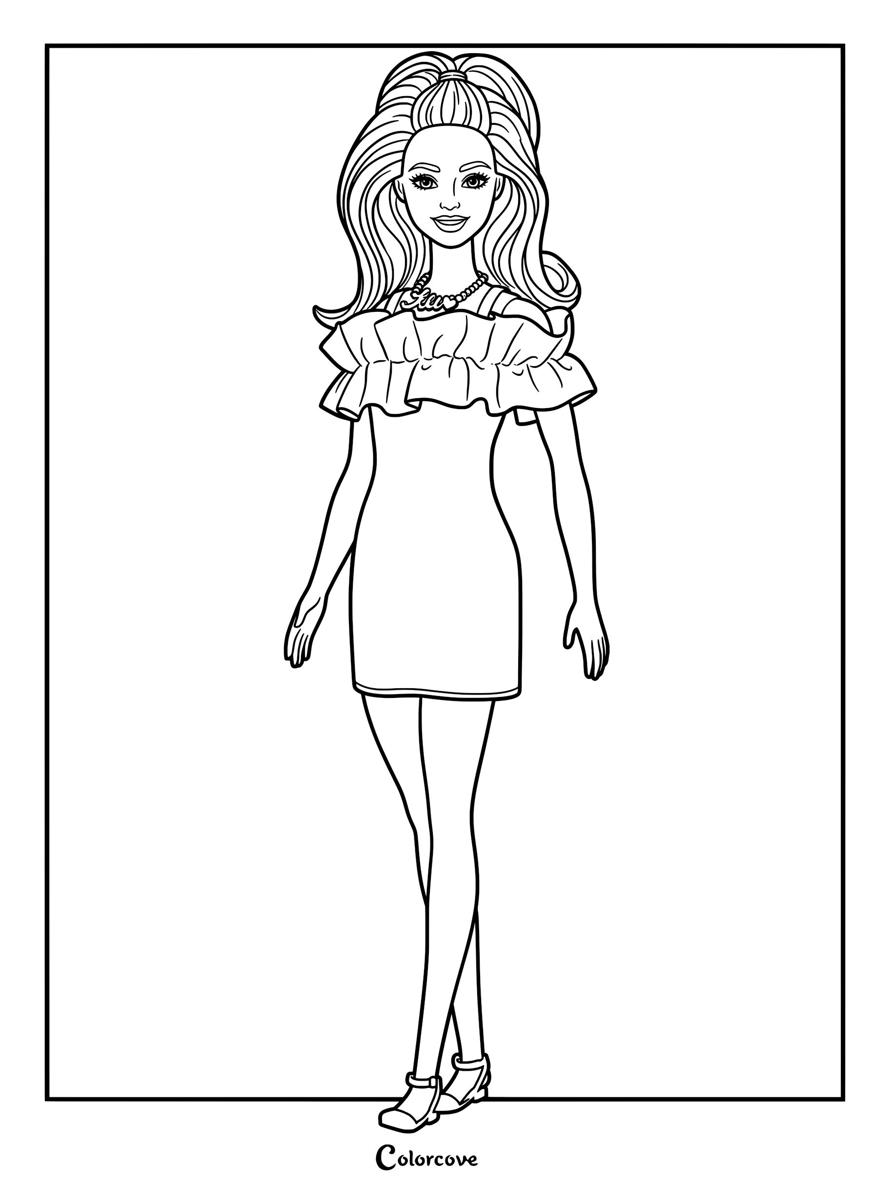 Barbie Fashionistas Doll #217 65th anniversary edition coloring page featuring brown wavy hair in a half-up style and a ruffled dress.