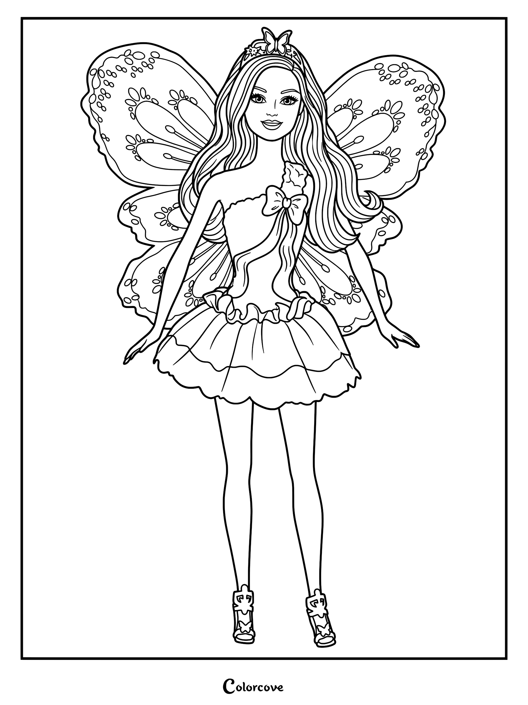 2012 Mattel Barbie Beautiful Fairy doll model X9449 coloring page featuring pink glittery wings and a matching tutu dress