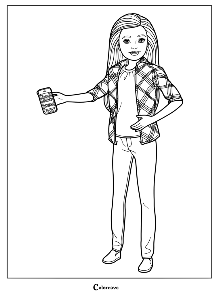 Skipper wearing a plaid shirt and jeans holding a smartphone in this printable coloring page.