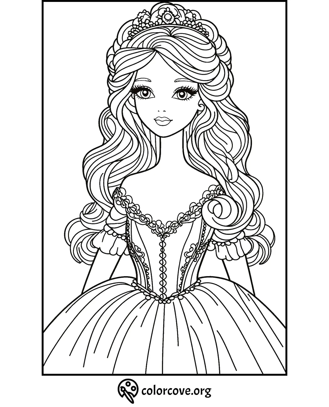 Princess coloring page featuring a beautiful young woman in a gown and tiara. Perfect for kids to color.