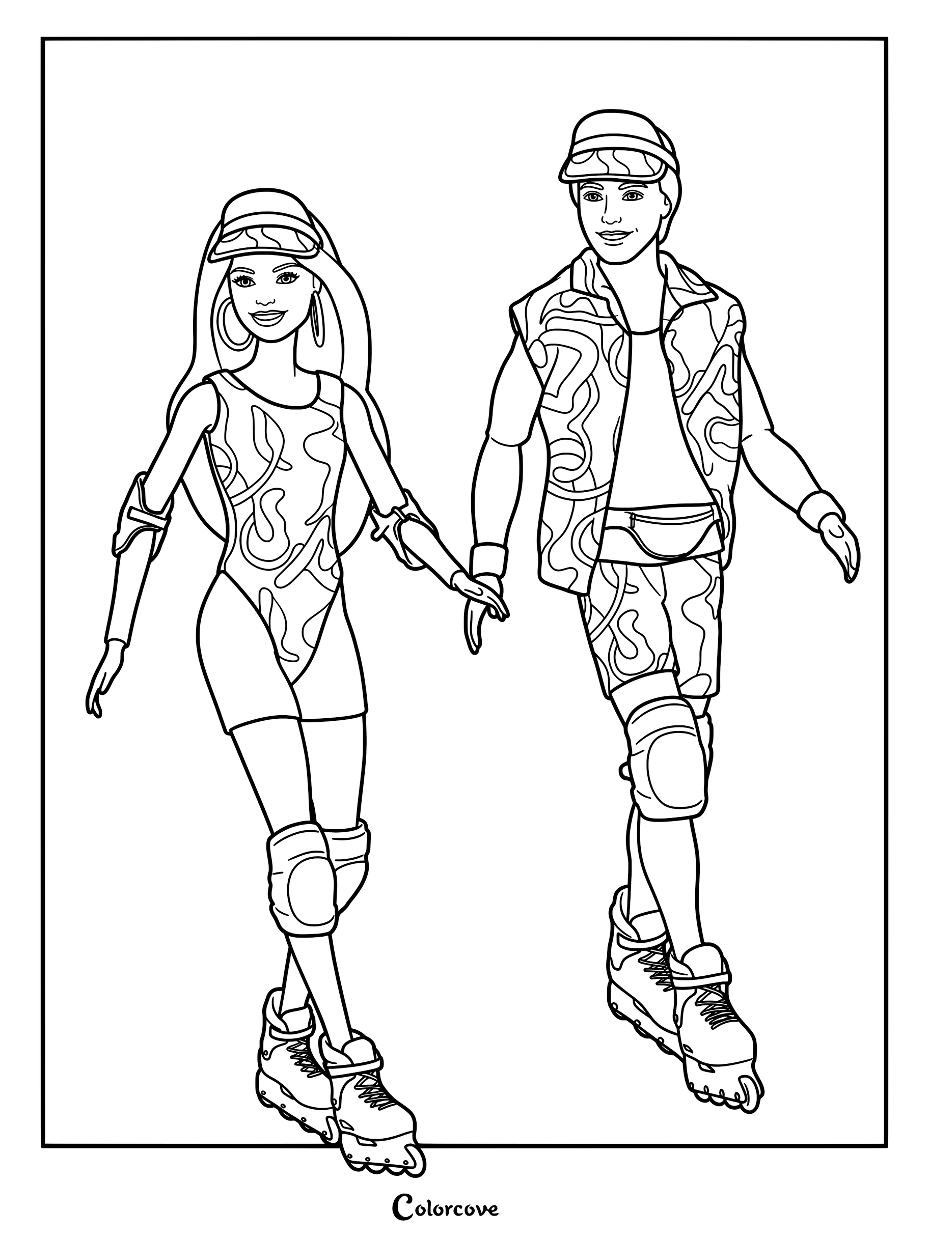 Skating Barbie and Ken coloring page featuring neon patterned outfits and roller skates.
