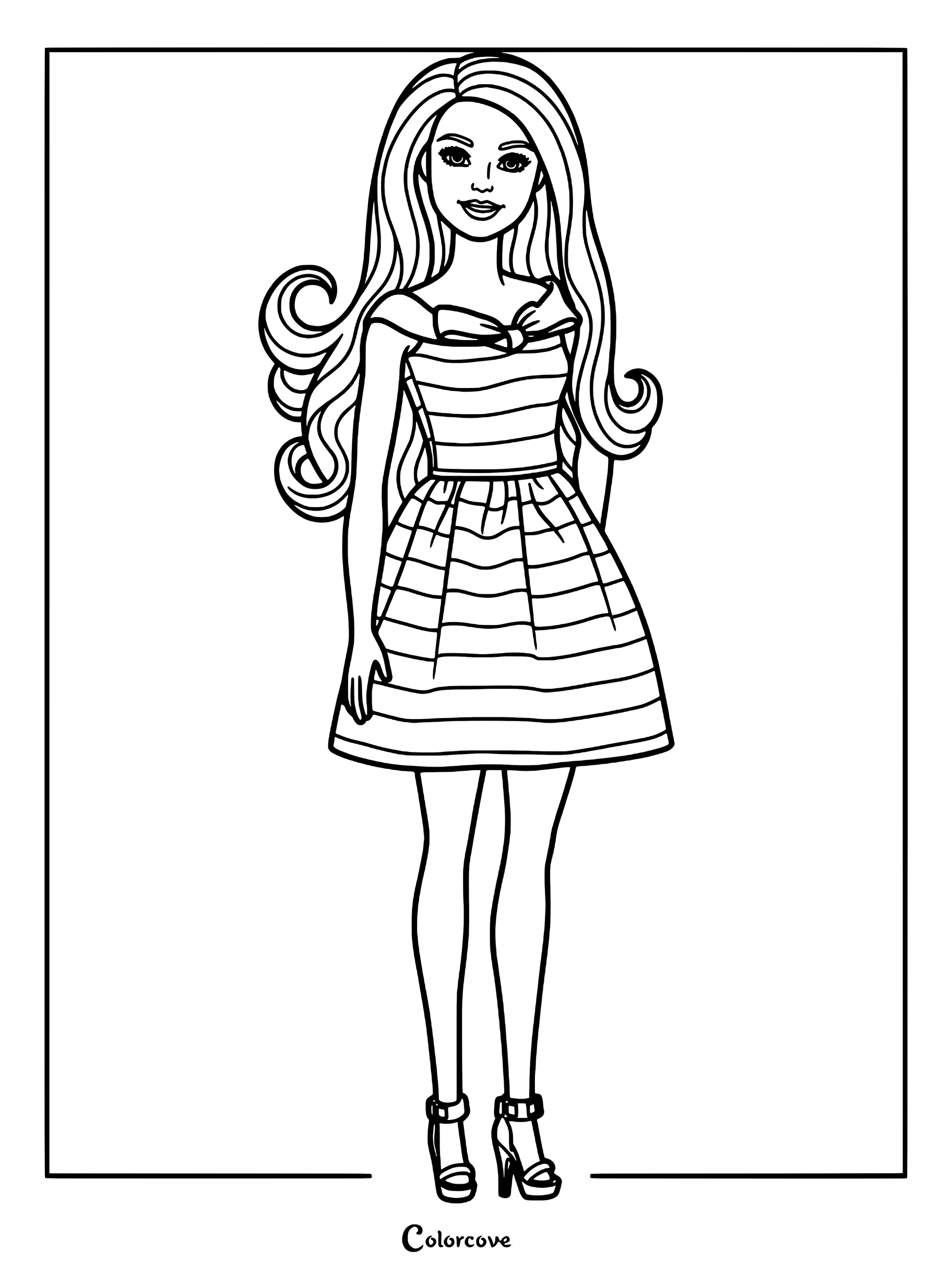 Barbie 65th Anniversary Doll coloring page featuring a commemorative pink and white striped dress with a black bow neckline.