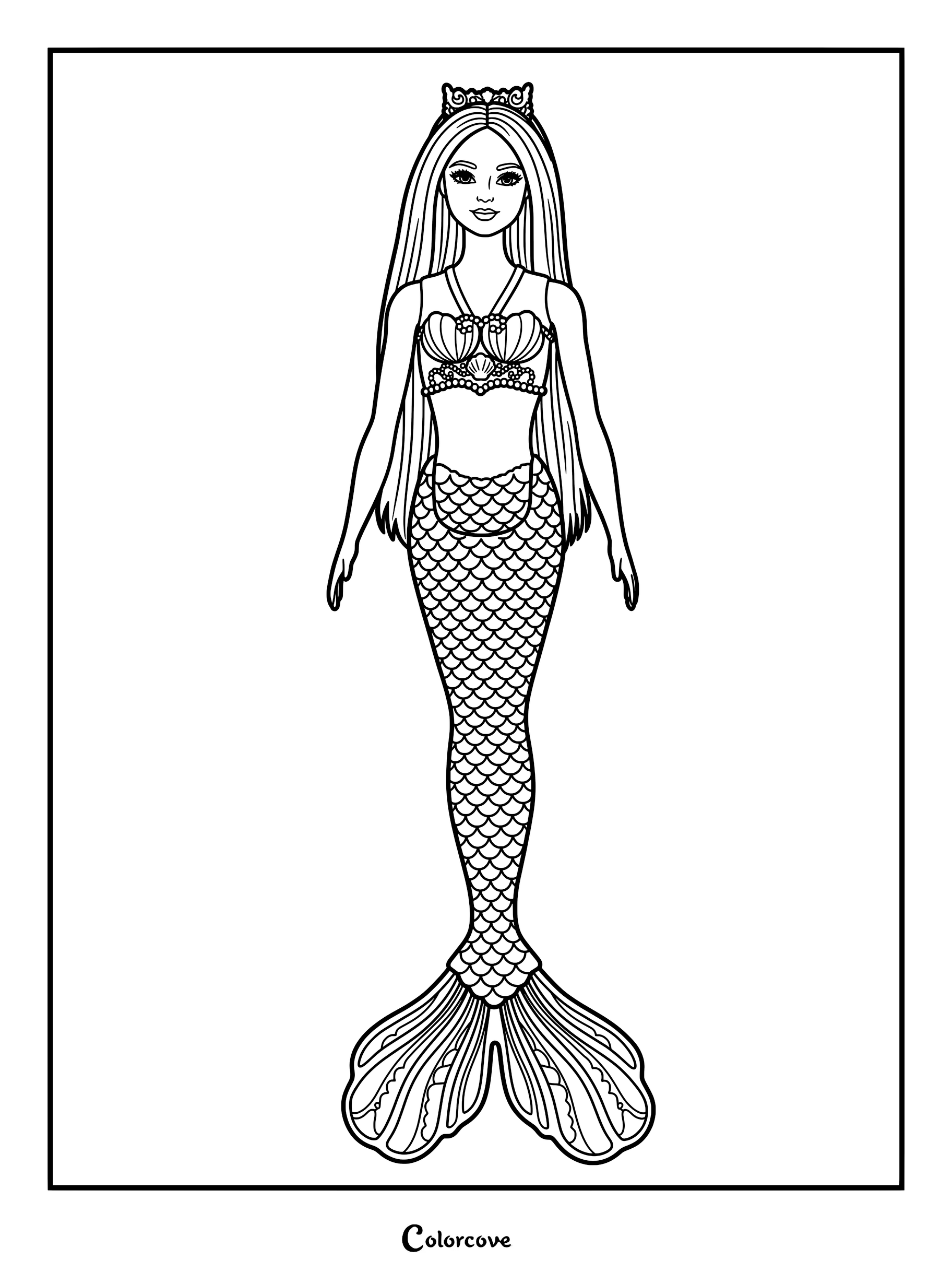 Mattel Barbie Color Magic Mermaid Doll with a color-changing tail in a printable coloring page format.