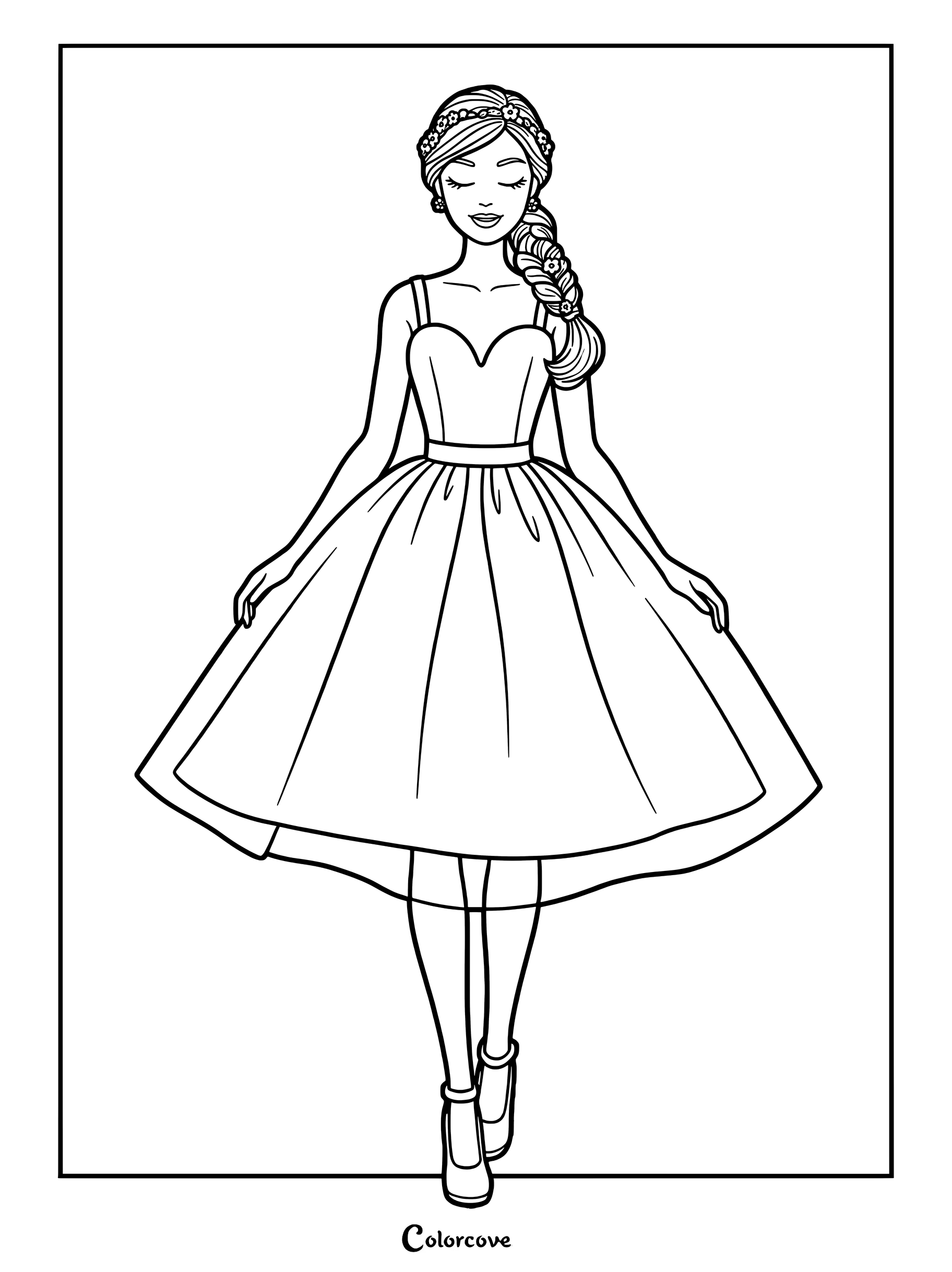 Mattel Barbie Happy Birthday doll wearing a lavender glittery party dress with a silvery sash in a printable coloring page.