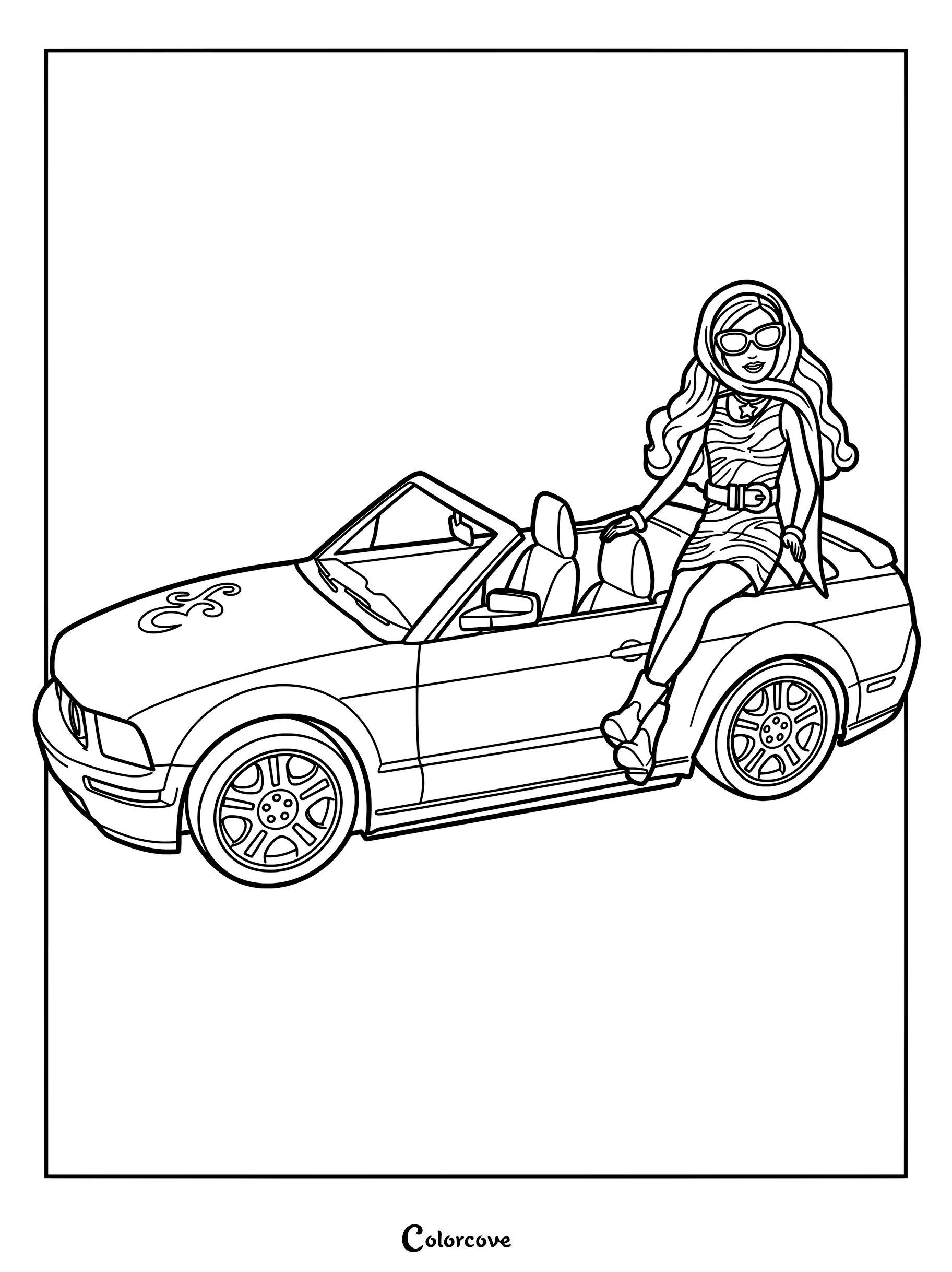 Sharpay Evans sitting on her signature pink Ford Mustang convertible in this High School Musical 2 coloring page.