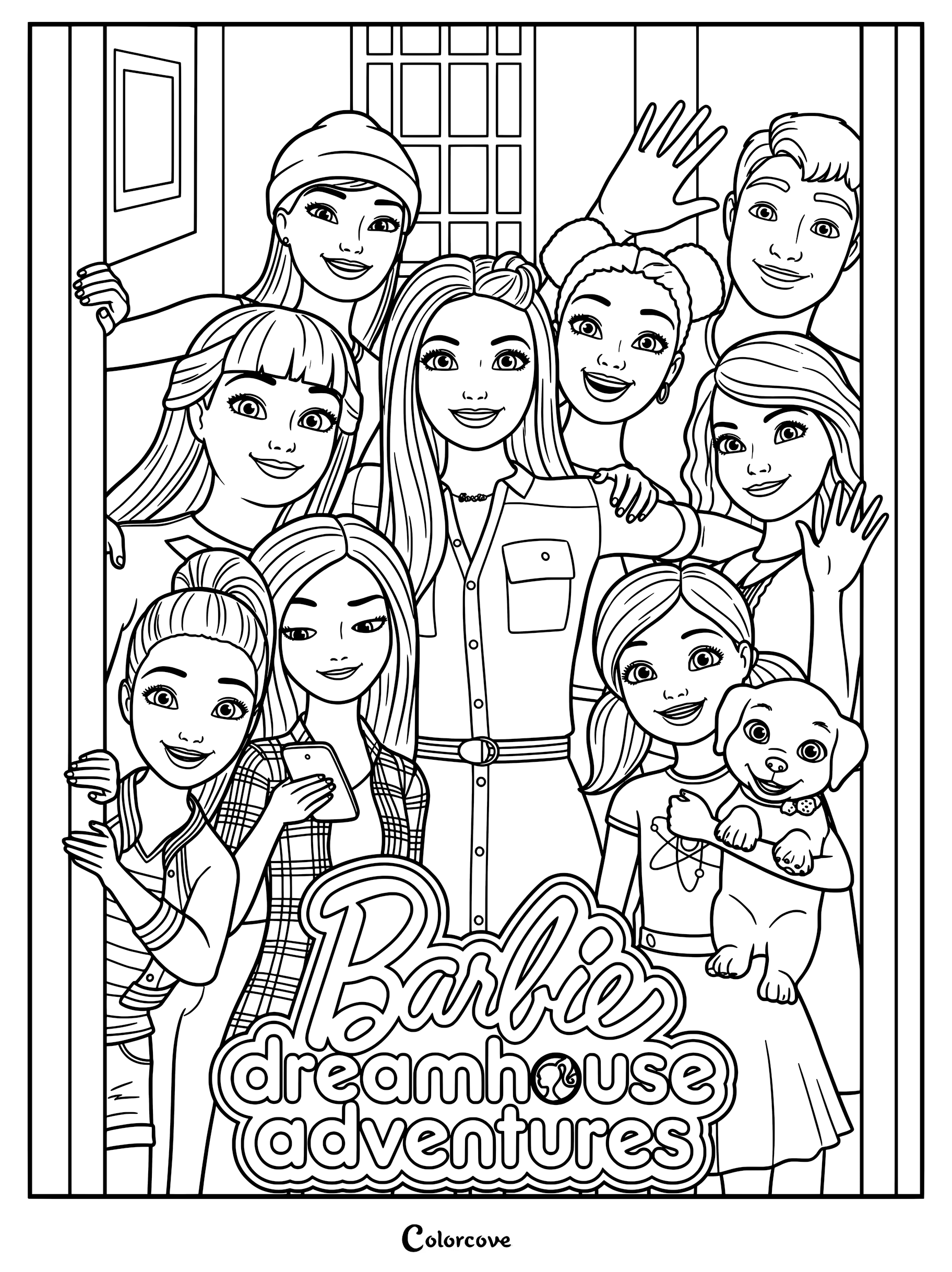 A detailed coloring page featuring the main cast from the CGI animated series Barbie Dreamhouse Adventures, including Barbie and her friends posing together.