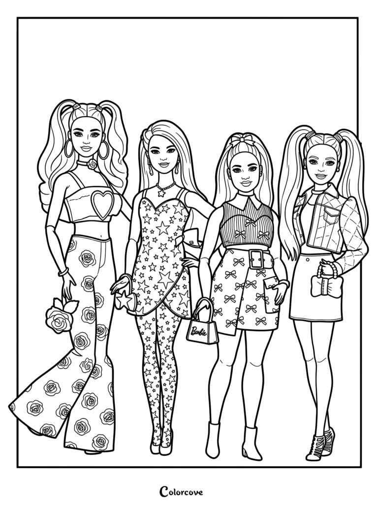 Teresa, Raquelle, Brooklyn, and Malibu standing together in stylish outfits, a detailed Barbie character coloring page.