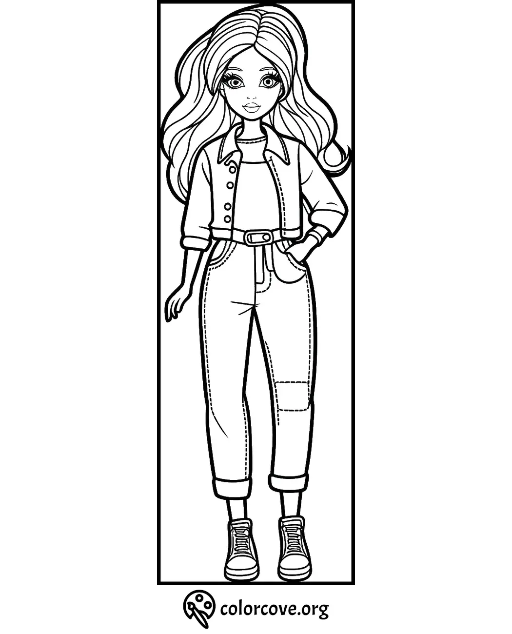 Coloring page featuring a stylish girl with long hair, dressed in casual jeans and a jacket, ready to be colored.