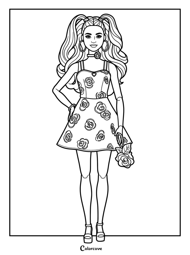 Barbie Deluxe Style Doll #12 with articulated joints and wavy brown hair in a rose-patterned dress, printable coloring page.