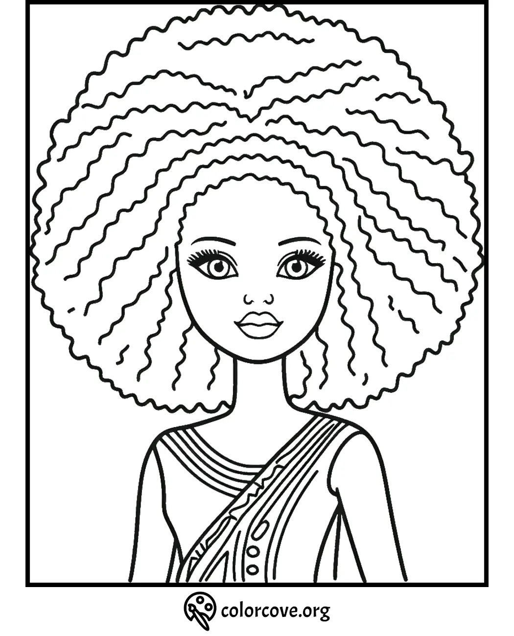 Coloring page of a woman with curly hair wearing a patterned dress. Free printable from colorcove.org.