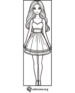 Coloring page of a young girl wearing a detailed dress and heels, standing inside a rectangular frame with long wavy hair.
