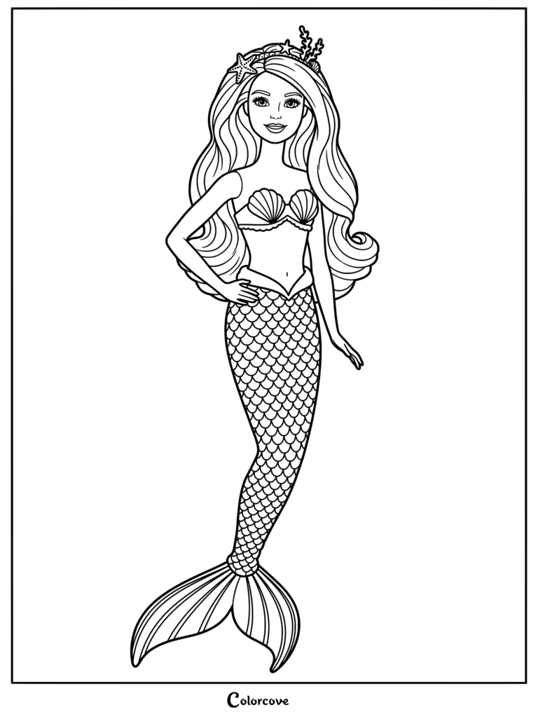 Barbie Dreamtopia Twinkle Lights mermaid doll with a pearlescent tail and starfish hair accessory in a printable coloring page.