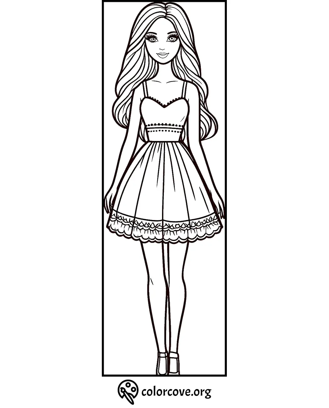 Coloring page of a young girl wearing a detailed dress and heels, standing inside a rectangular frame with long wavy hair.