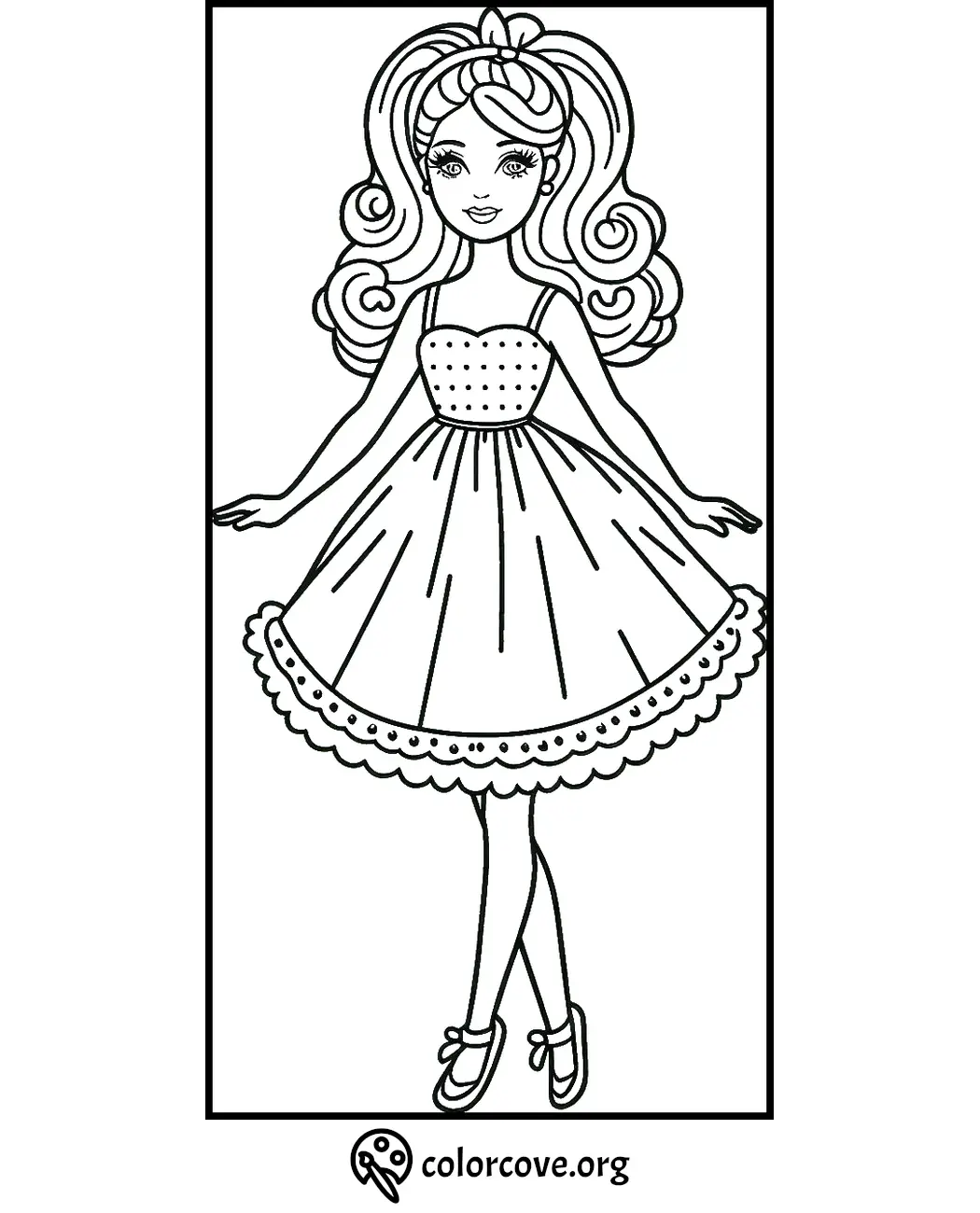 Coloring page of a girl with wavy hair in a dress and ballet shoes, ready to be colored. Visit colorcove.org for more.