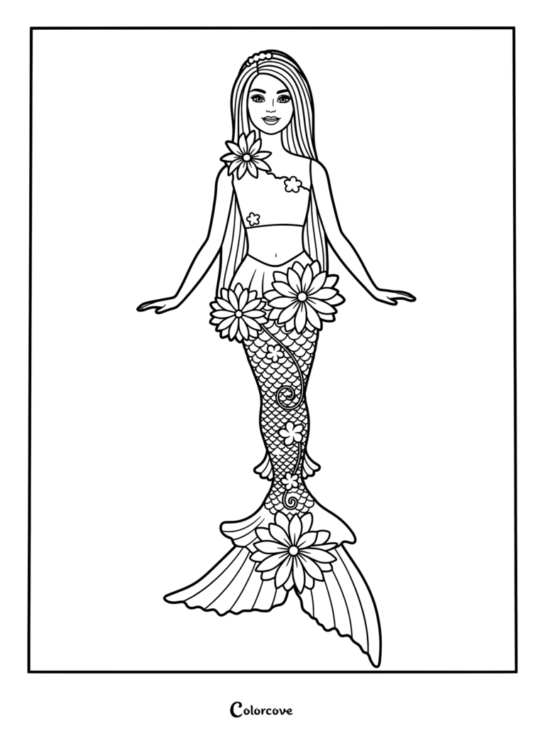 Barbie Flower Magic Mermaid doll with interactive flowers that bloom when a lever on her back is activated, printable coloring page.