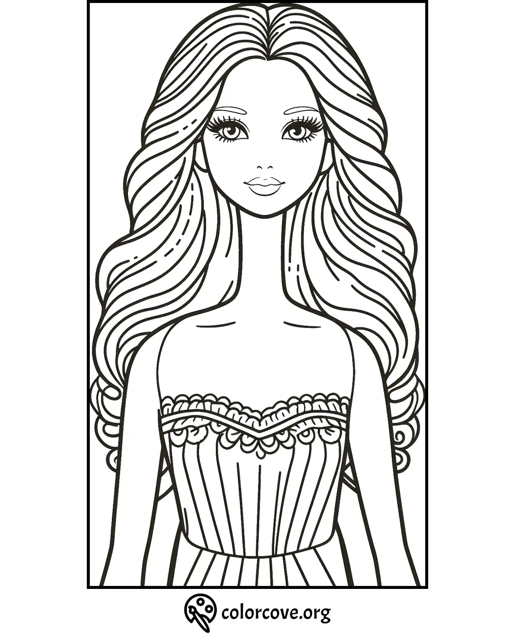 Printable Barbie coloring page with long hair and elegant dress for kids. Visit colorcove.org for more fun activities.