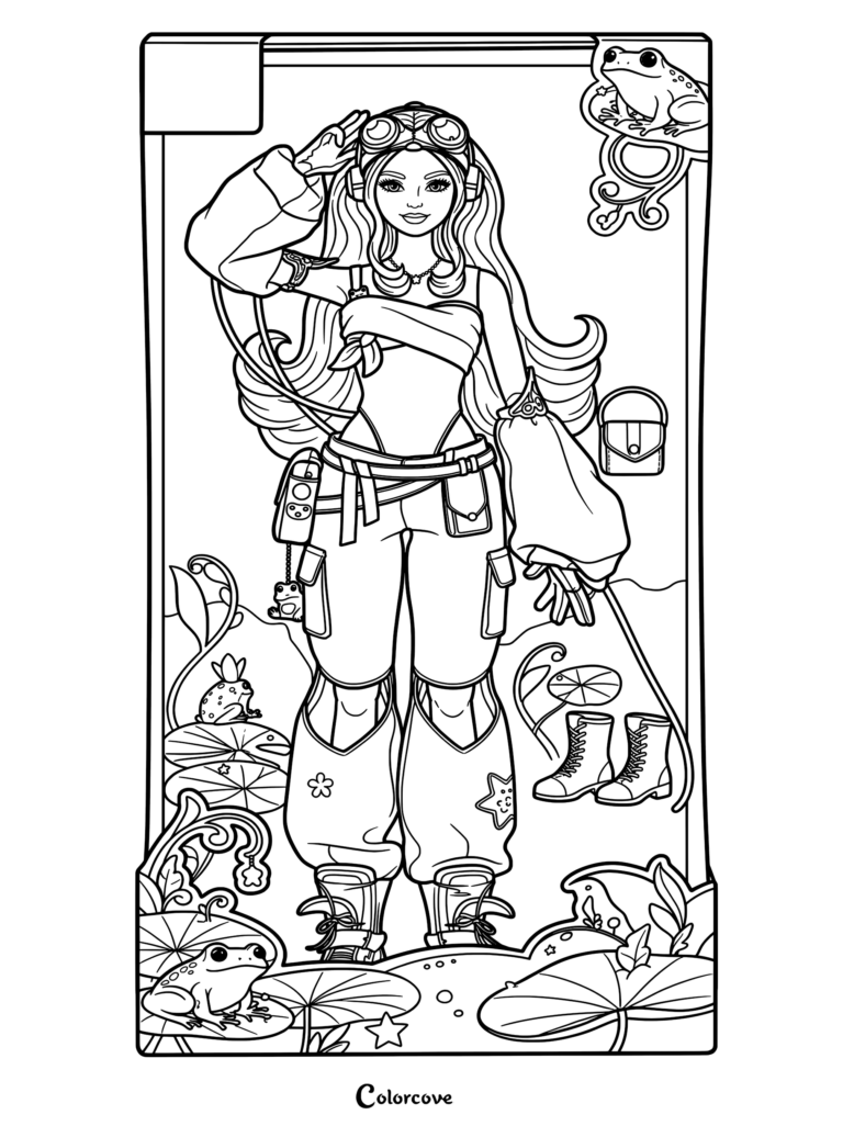Barbie wearing a frog-themed outfit with light green cargo pants featuring cutouts, presented as a detailed coloring page.