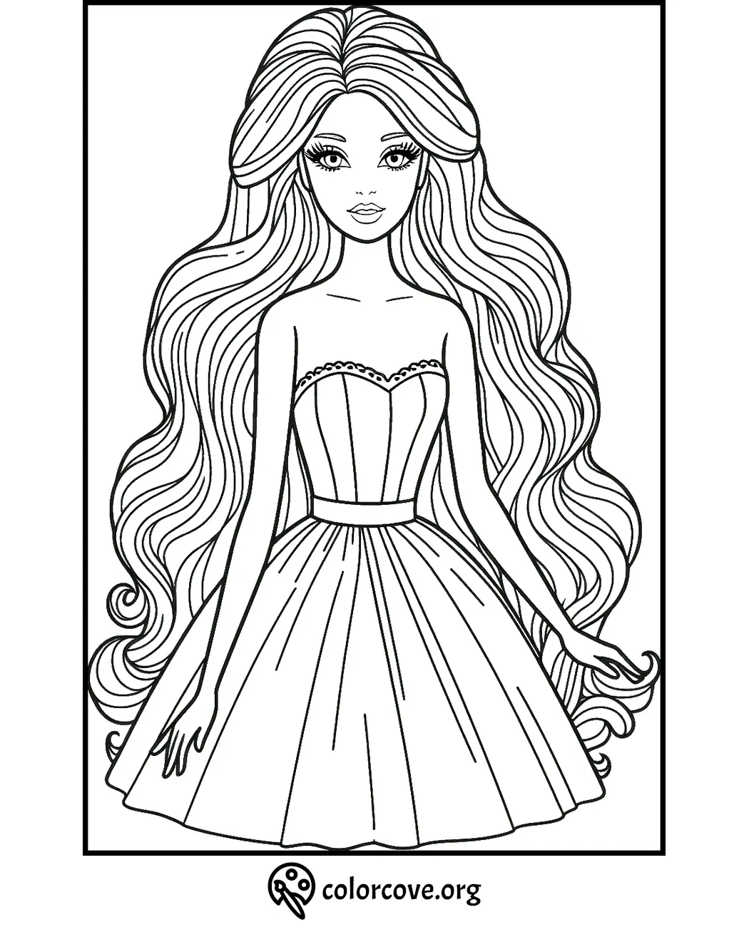 Coloring page of a fashion doll with long, wavy hair wearing a strapless dress. Ideal for kids' creative activities.