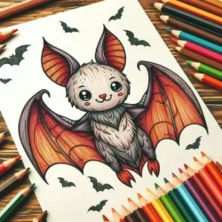 Cute bat coloring page with colored pencils; perfect Halloween activity for kids. Fun, creative bat design with detailed wings.