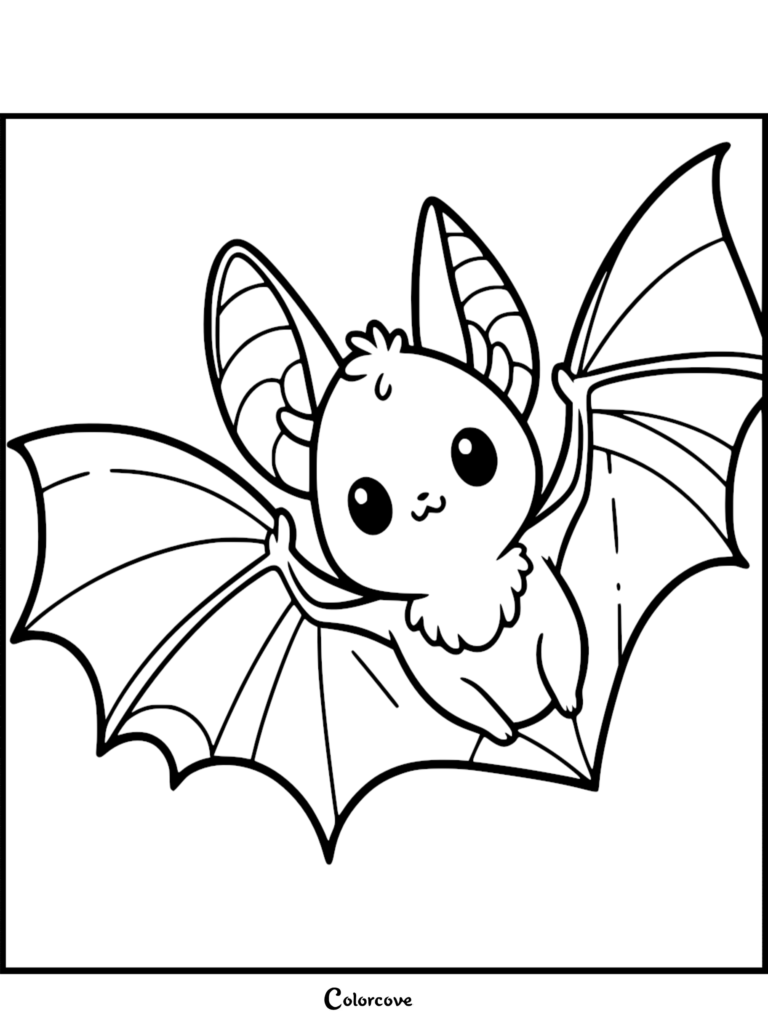 A simple line art coloring page featuring a small, adorable bat with large eyes and wide, outstretched wings.