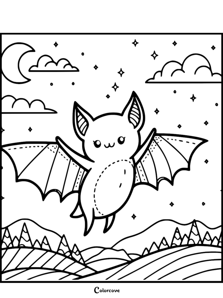 A kawaii bat with wide wings flying under a crescent moon and stars in this printable coloring page.