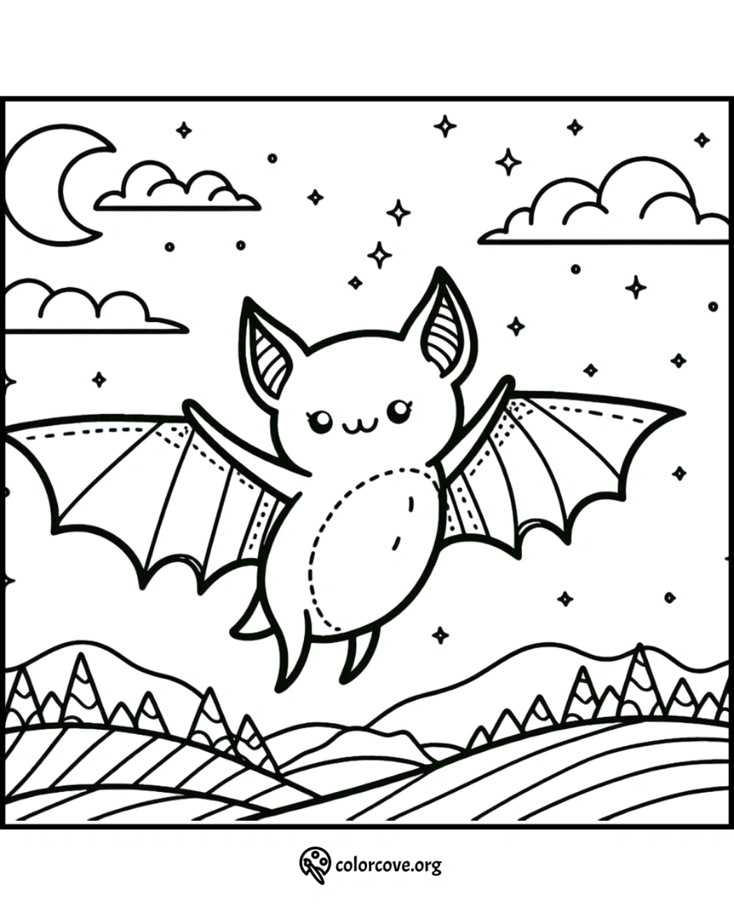 Cute bat coloring page with night sky, clouds, crescent moon, stars, and mountain landscape for kids and Halloween fun.