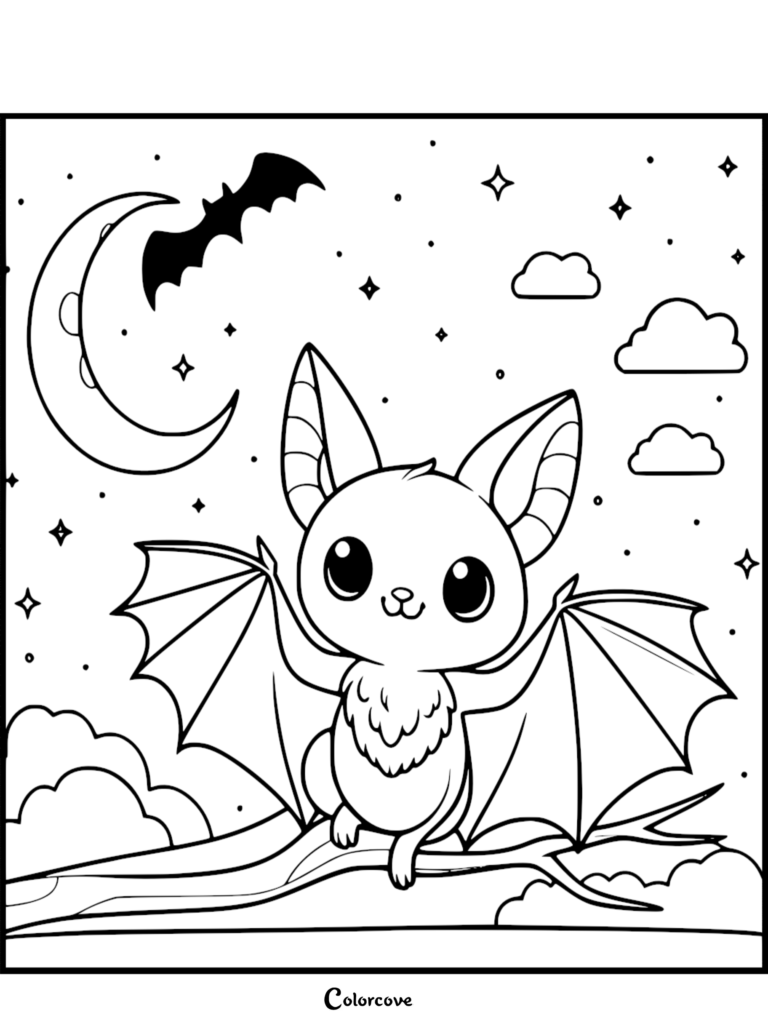 A cute cartoon bat with large eyes perched on a tree branch under a crescent moon and stars coloring page.