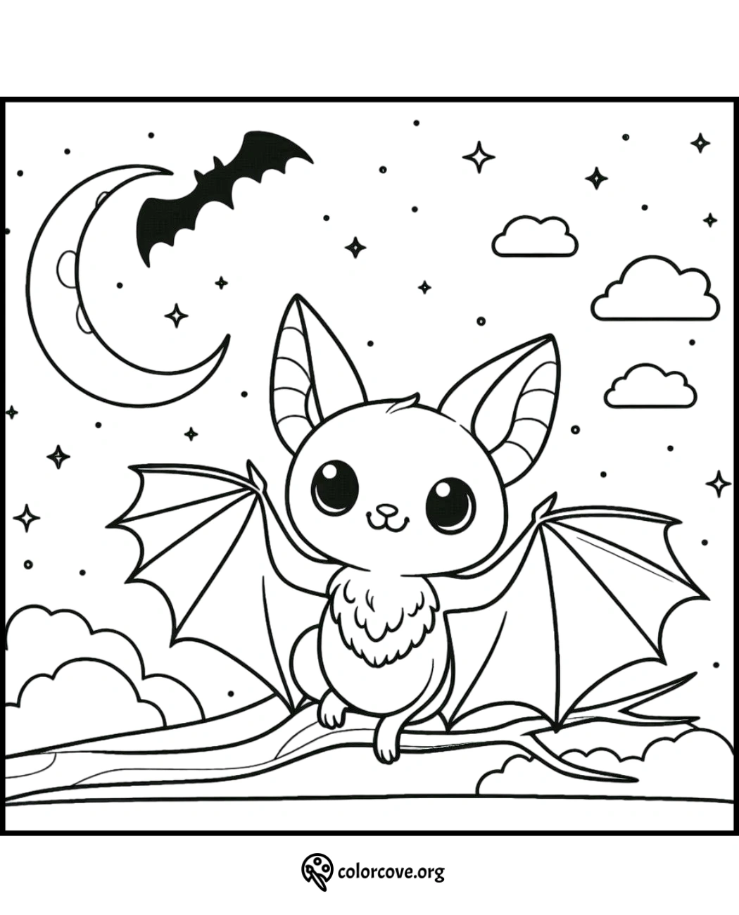 Cute bat coloring page with moon, stars, and clouds. Perfect for kids' activities. Printable bat coloring sheet.