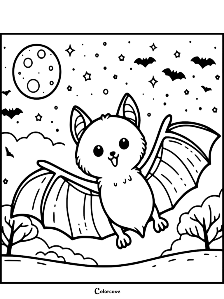 A cute cartoon bat flying under a full moon and stars, coloring page for kids.