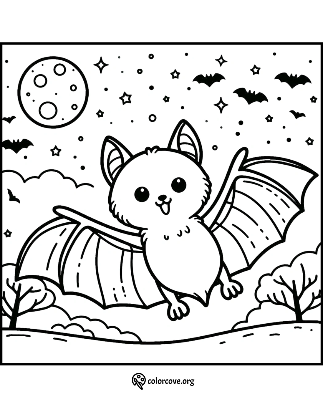 Cute bat coloring page with moon, stars, and other bats flying in the night sky; perfect for kids' Halloween activities.