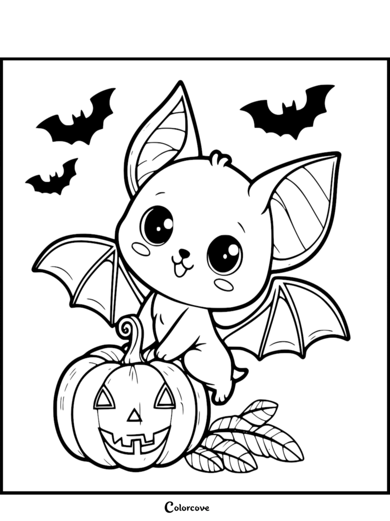 A cute baby bat with large eyes perched on a smiling jack-o'-lantern, surrounded by flying bats and autumn leaves in this printable coloring page.